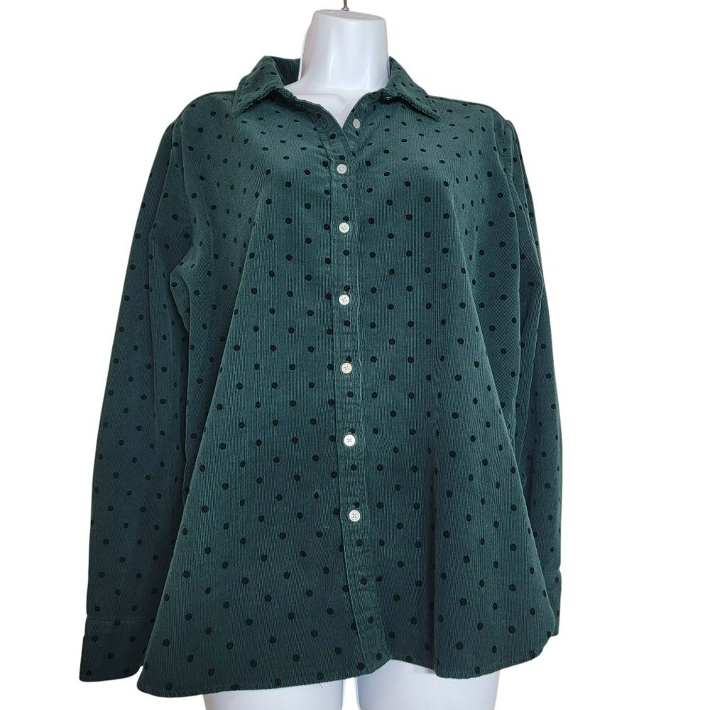 Loft Button Front Shirt, Women M, Green w/Black Dots Micro Corduroy, Cotton, EUC